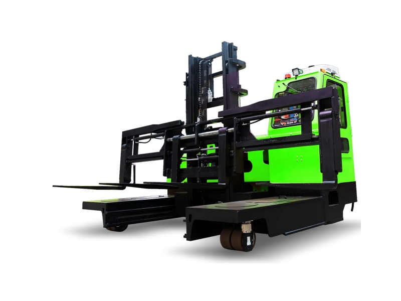 NEO FORKLIFT electric multi-directional forklift handling long material in a heavy-duty logistics yard